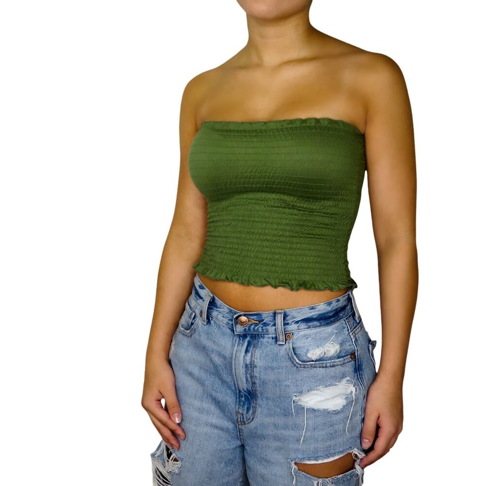 Y2k Olive Green Crop Smocked Little Tube Top Crop Top Small Cute